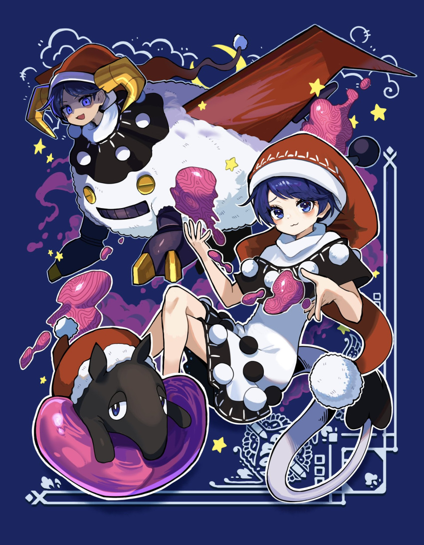 2girls :3 animal black_dress blue_eyes blue_hair blush closed_mouth doremy_sweet dream_soul dress dual_persona eyebrows_visible_through_hair hat highres horns howhow_notei multicolored_clothes multicolored_dress multiple_girls nightcap open_mouth pom_pom_(clothes) red_headwear shaded_face short_hair short_sleeves smile star_(symbol) tapir touhou white_dress