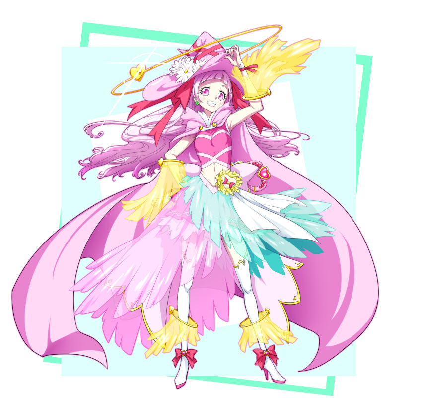 1girl adapted_costume alternate_costume boots cape commentary_request cure_yell earrings eyelashes happy hat high_heel_boots high_heels highres hugtto!_precure jewelry layered_skirt long_hair looking_at_viewer magical_girl matatabi_(karukan222) midriff navel nono_hana pink_cape pink_eyes pink_hair pink_shirt pink_theme precure shirt skirt smile solo standing witch witch_hat wrist_cuffs