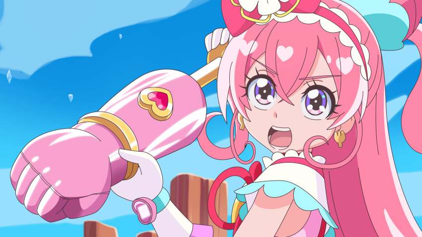 1girl bangs bow crossed_bangs cure_precious delicious_party_precure earrings eyebrows_visible_through_hair gloves gourmet_spicer hair_between_eyes hair_bow highres huge_bow jewelry long_hair magical_girl nagomi_yui open_mouth parody pink_hair precure solo toriko_(series) umuamu upper_body very_long_hair violet_eyes white_gloves