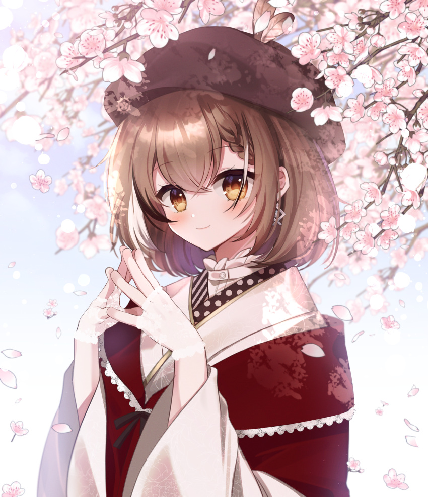 1girl absurdres bangs beret braid braided_bangs brown_eyes brown_hair cherry_blossoms earrings feathers fingers_together floral_print gloves hat highres hololive hololive_english japanese_clothes jewelry kimono lace lace_gloves looking_at_viewer mnyang multicolored_hair nanashi_mumei official_alternate_costume print_kimono red_shawl short_hair single_earring smile streaked_hair virtual_youtuber white_kimono