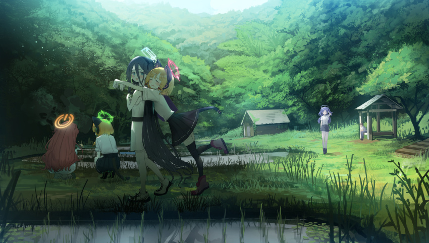 1boy 5girls arisu_(blue_archive) bannouyakunta black_footwear black_hair black_hairband black_legwear black_skirt blonde_hair blue_archive blue_eyes blush bow brown_hair cat_ear_headphones cat_tail closed_eyes collared_shirt dress facing_away frog grass green_bow hair_bow hair_ornament hairband halo hand_in_hair headphones highres landscape light_particles long_hair looking_at_another midori_(blue_archive) momoi_(blue_archive) multiple_girls one_side_up open_mouth parted_lips pleated_skirt purple_hair red_bow red_footwear redhead reflection sandals sensei_(blue_archive) shed shirt shoes short_hair short_sleeves skirt sleeveless sleeveless_dress sneakers squatting sweatdrop tail thigh-highs tree two_side_up very_long_hair walking white_dress white_footwear white_shirt wide_shot yuuka_(blue_archive) yuzu_(blue_archive)