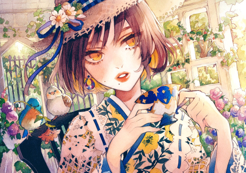 1girl bird blonde_hair bob_cut brown_hair chair colored_inner_hair cross-laced_clothes cup earrings floral_print flower garden hat highres holding holding_cup japanese_clothes jewelry kimono lace looking_to_the_side mole mole_under_mouth multicolored_hair original painting_(medium) parted_lips plant portrait print_kimono remon_(10112) ribbon shawl short_hair solo straw_hat teacup traditional_media watercolor_(medium) yellow_eyes