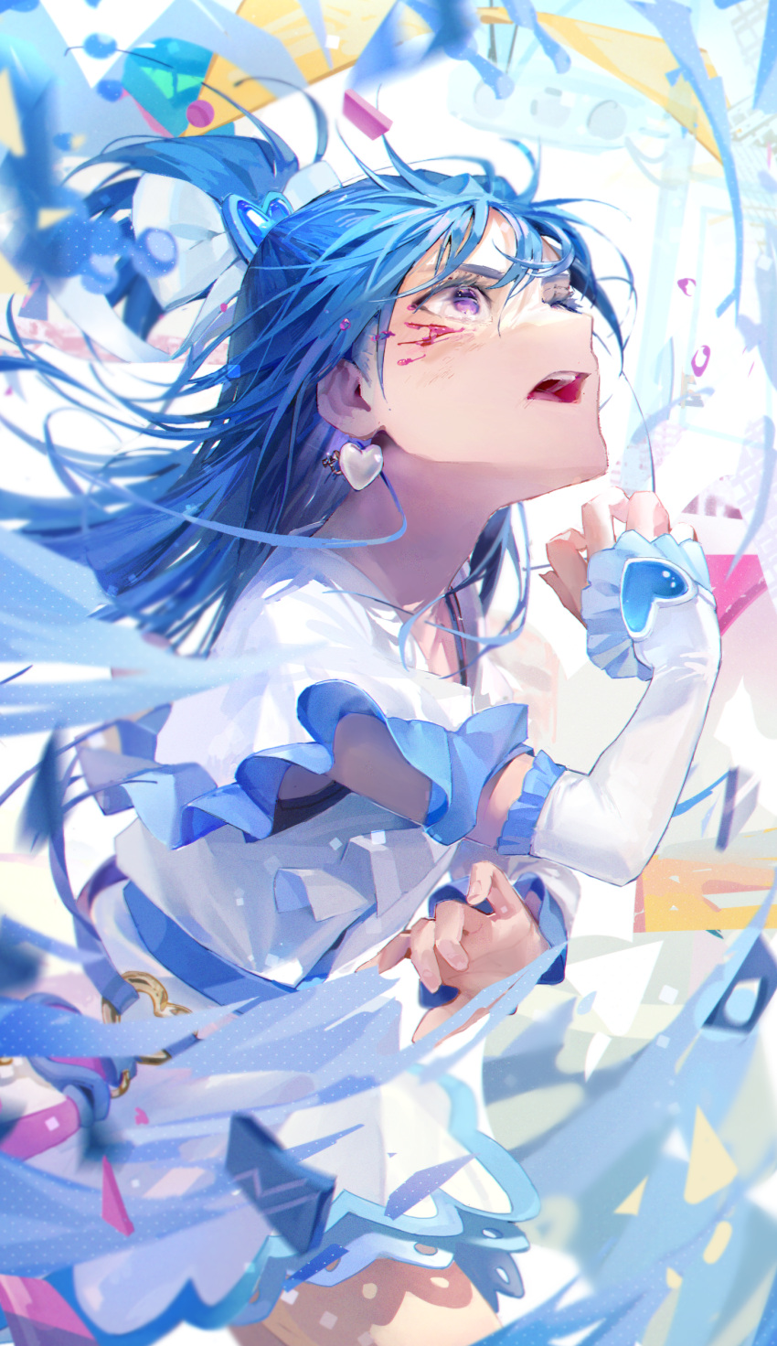 1girl absurdres blood blood_on_face blue_bow blue_hair blue_theme blurry bow close-up confetti cowboy_shot cure_white cuts dappled_sunlight day depth_of_field detached_sleeves earrings eyelashes flag floating_hair from_side futari_wa_precure hair_between_eyes hair_bow hair_ornament half_updo hand_up heart heart_earrings heart_hair_ornament highres idoukunn injury jewelry long_hair looking_away looking_up o-ring open_mouth ponytail pouch precure running short_sleeves solo string_of_flags sunlight violet_eyes water yukishiro_honoka