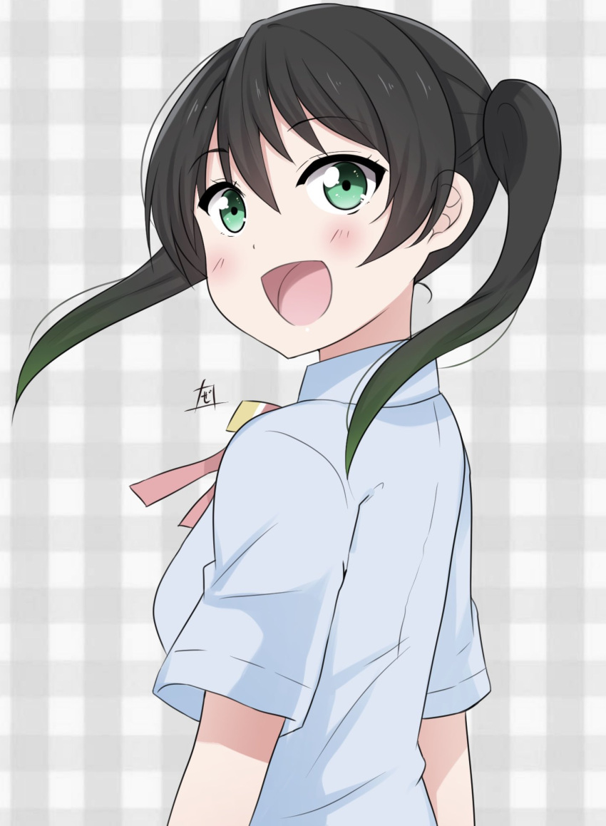 1girl bangs black_hair bow bowtie eyebrows_visible_through_hair gradient_hair green_eyes green_hair hair_between_eyes highres looking_at_viewer looking_back love_live! love_live!_nijigasaki_high_school_idol_club medium_hair multicolored_hair neck_ribbon nijigasaki_academy_uniform open_mouth pink_bow pink_bowtie ribbon school_uniform short_sleeves signature smile solo summer_uniform takasaki_yuu twintails two-tone_hair zero-theme