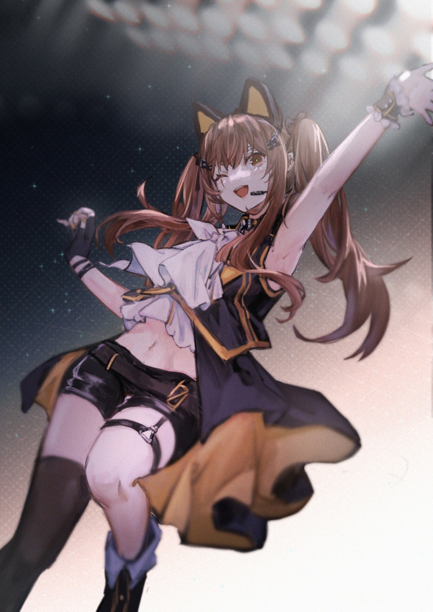 1girl animal_ears arm_up bangs black_gloves black_pants brown_hair cat_ears commentary_request fake_animal_ears feet_out_of_frame fingerless_gloves girls_frontline gloves hair_between_eyes hair_ornament headset highres idol long_hair microphone navel one_eye_closed open_mouth orange_nails pants qiujiao scar scar_across_eye scar_on_face shirt single_glove single_thighhigh smile solo teeth thigh-highs twintails ump9_(girls'_frontline) upper_teeth white_shirt
