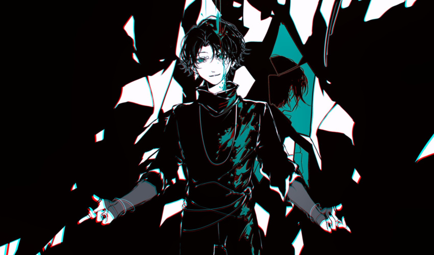 1boy aqua_eyes back-to-back black_hair black_nails black_shirt broken_glass cyuer11 distortion evil evil_smile glass highres jewelry kagero_(kamen_rider_revice) kamen_rider kamen_rider_revice necklace open_hands reflection shatter shirt smile splatter