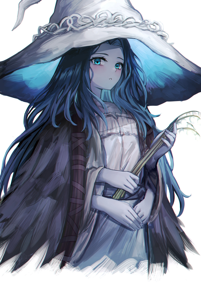1girl :o absurdres blue_eyes blue_hair blue_skin blush colored_skin elden_ring eric_(tianqijiang) extra_arms fur_coat hat highres holding long_hair looking_at_viewer own_hands_together plant ranni_the_witch robe simple_background solo wavy_hair witch witch_hat
