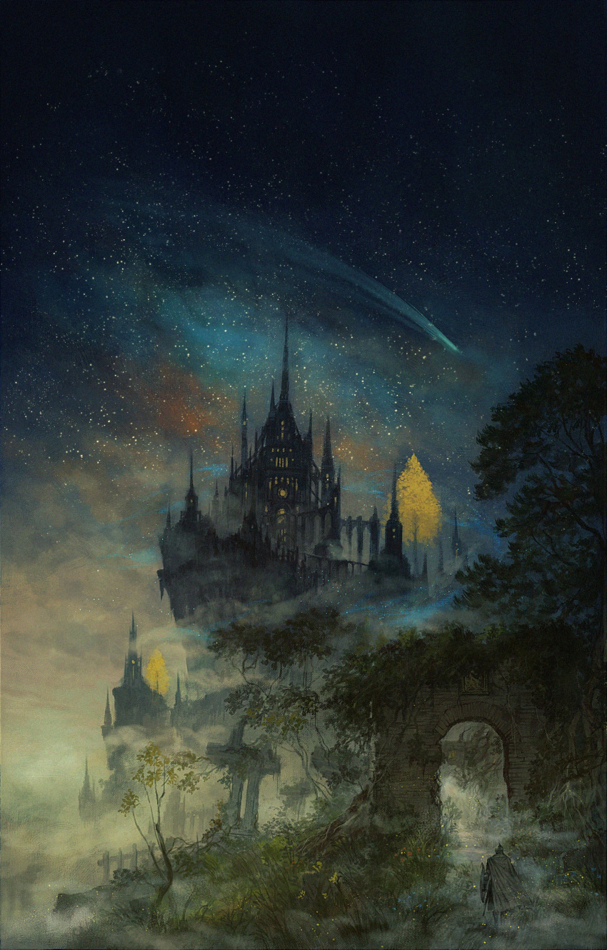 absurdres castle comet elden_ring highres night night_sky no_humans raya_lucaria_academy scenery sky star_(sky) starry_sky xinuo223