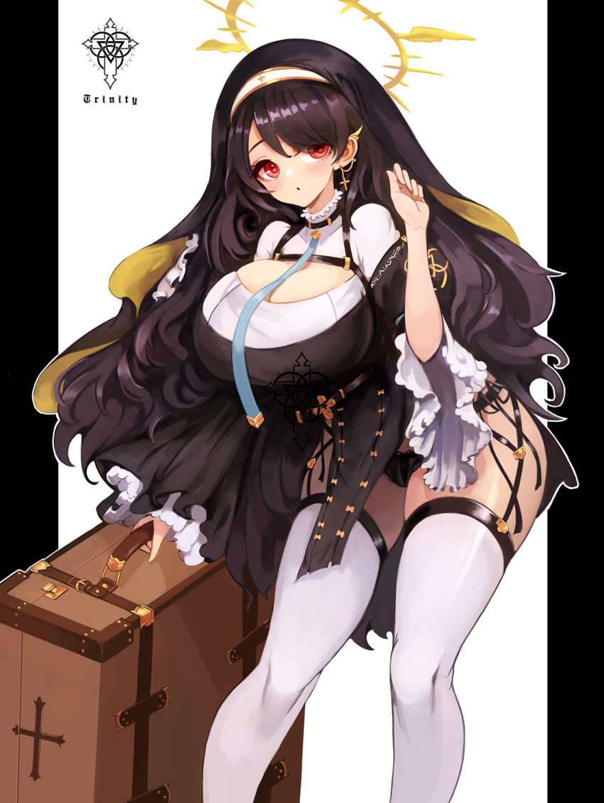 1girl bangs black_dress black_panties blue_archive breasts briefcase brown_hair cleavage_cutout clothing_cutout commentary cross cross_earrings dress earrings emblem garter_belt habit halo hand_up highres hinata_(blue_archive) jewelry large_breasts leaning_forward long_hair long_sleeves looking_at_viewer notte nun outline panties parted_lips pelvic_curtain pillarboxed red_eyes shiny shiny_clothes shiny_hair shiny_skin skindentation solo standing swept_bangs thigh-highs underwear white_background white_legwear white_outline wide_sleeves