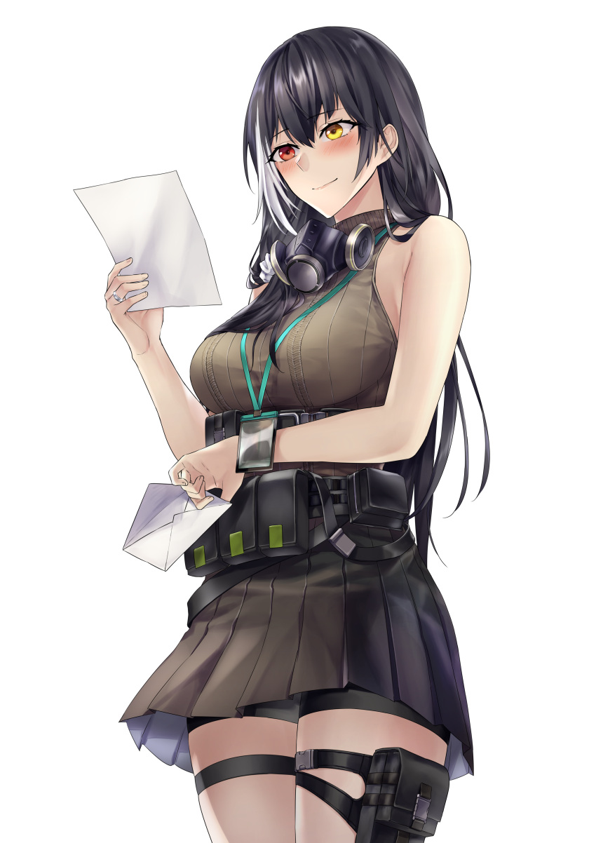 1girl absurdres arm_under_breasts bare_arms bare_shoulders bike_shorts_under_skirt black_hair black_shorts blush breasts commentary commission cowboy_shot english_commentary envelope gas_mask girls_frontline hand_up heterochromia highres holding holding_letter holding_paper id_card jewelry large_breasts letter long_hair mask mask_around_neck miniskirt multicolored_hair no_gloves no_jacket paper pixiv_request pleated_skirt pouch reading red_eyes ribbed_sweater ring ro635_(girls'_frontline) shorts simple_background skirt sleeveless sleeveless_turtleneck smile solo streaked_hair suprii sweater thigh_pouch thigh_strap turtleneck upskirt white_background white_hair yellow_eyes