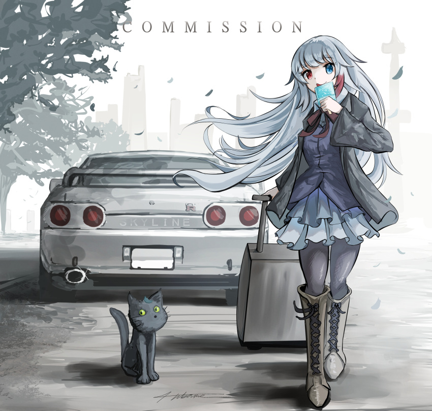 1girl :o absurdres bangs black_jacket black_legwear blue_eyes blue_skirt blue_vest boots breasts car cat collared_shirt commission eyebrows_visible_through_hair food grey_footwear ground_vehicle heterochromia highres holding holding_food jacket long_hair medium_breasts motor_vehicle neck_ribbon nissan nissan_skyline_gt-r open_mouth pantyhose popsicle red_eyes red_ribbon ribbon shirt shiyo_tsubame skeb_commission skirt spoiler_(automobile) suitcase tsukimiya_(vrchat) vest vrchat white_hair white_shirt