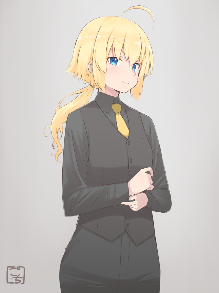 1girl adjusting_clothes adjusting_sleeves ahoge amano_soraha artist_name assault_lily bangs black_pants black_shirt black_vest blonde_hair blue_eyes buttons closed_mouth collared_shirt commentary_request cowboy_shot eyebrows_visible_through_hair formal gradient gradient_background grey_background hair_between_eyes hair_tie hands_up highres long_hair long_sleeves looking_at_viewer low_ponytail necktie pants ponytail shirt smile solo standing tanin050 vest yellow_necktie