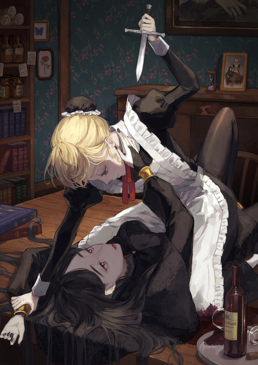 2girls apron arm_up bangs black_hair black_nails blonde_hair blue_eyes book bottle bright_pupils bun_cover commentary cup dagger desk drinking_glass eye_contact feet_out_of_frame hair_bun hand_on_another's_neck highres holding holding_another's_wrist holding_dagger holding_weapon hourglass indoors knife lace_trim long_hair looking_at_another lying maid maid_apron multiple_girls nail_polish nashiko_(nanaju_ko) neck_ribbon on_back on_table original parted_lips picture_(object) red_eyes ribbon shelf short_hair spill straddling table tray weapon white_pupils wine_bottle wine_glass