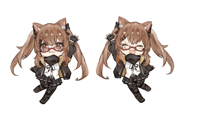 1girl animal_ear_fluff animal_ears arm_up bangs black_footwear black_gloves black_legwear black_ribbon blush brown_hair closed_eyes commentary_request eyebrows_visible_through_hair fingerless_gloves full_body girls_frontline glasses gloves hair_between_eyes hair_ornament highres jacket long_hair looking_at_viewer multiple_views open_mouth pantyhose qiujiao ribbon scar scar_across_eye scar_on_face shirt simple_background skirt smile standing twintails ump9_(girls'_frontline) white_background white_shirt