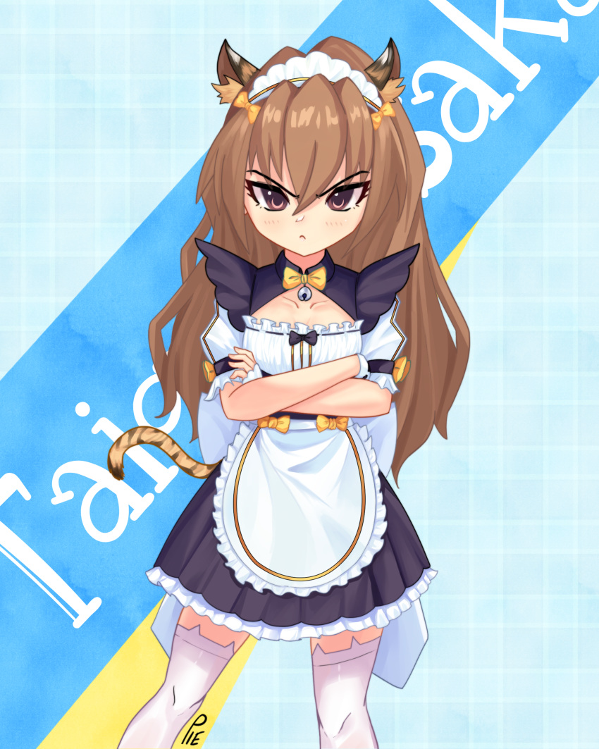 1girl absurdres aisaka_taiga animal_ears apron bangs bell black_skirt blue_background bow bowtie brown_eyes brown_hair character_name closed_mouth commentary crossed_arms english_commentary hair_between_eyes highres jingle_bell light_blush long_hair looking_at_viewer maid maid_apron maid_headdress pout short_sleeves signature skirt solo standing tail thigh-highs tiger_ears tiger_tail toradora! unusualpie v-shaped_eyebrows white_legwear yellow_bow
