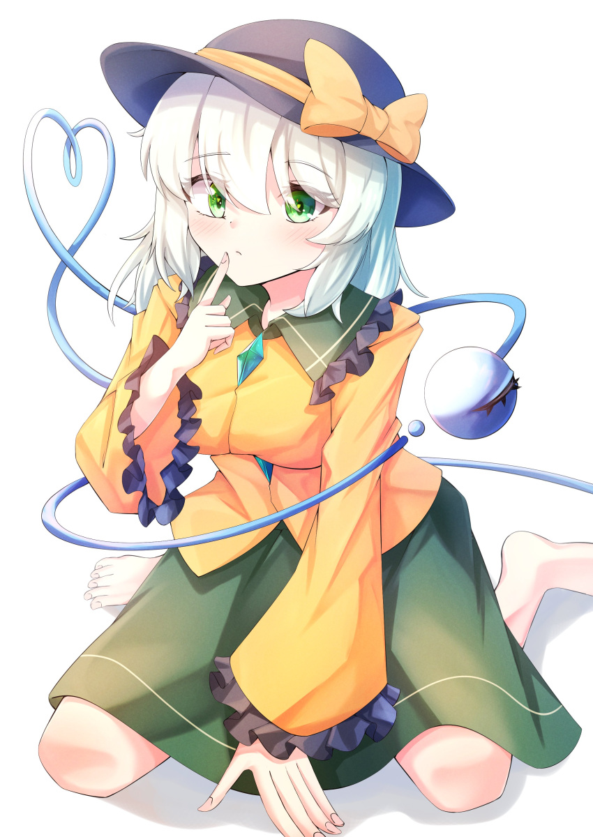 1girl absurdres bangs barefoot black_headwear bow closed_mouth eyebrows_visible_through_hair frilled_sleeves frills full_body green_skirt hat hat_bow heart heart_of_string highres index_finger_raised komeiji_koishi light_green_hair long_sleeves looking_at_viewer seiza shirt simple_background sitting skirt solo suzuki_eiru third_eye touhou white_background yellow_bow yellow_shirt