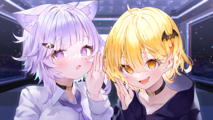 2girls :d absurdres ahoge animal_ear_fluff animal_ears bangs bat_hair_ornament black_choker blonde_hair blurry blurry_background blush cat_ears choker collared_shirt commentary_request eyebrows_visible_through_hair fang food-themed_hair_ornament hair_between_eyes hair_ornament highres hololive indoors long_sleeves looking_at_viewer multiple_girls necktie nekomata_okayu onigiri_hair_ornament purple_hair purple_necktie rin31153336 shirt short_hair skin_fang sleeves_past_wrists smile violet_eyes virtual_youtuber white_shirt yellow_eyes yozora_mel