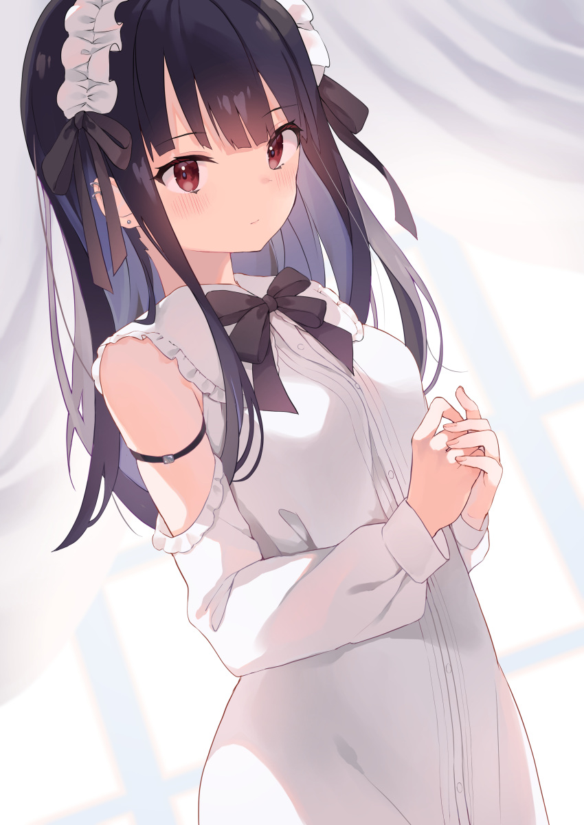1girl absurdres arm_strap bangs black_bow black_bowtie black_hair black_ribbon blush bow bowtie closed_mouth detached_sleeves dress dutch_angle ear_piercing earrings hair_ribbon headdress highres jewelry kashuu_(pixiv_66328082) long_hair looking_at_viewer original own_hands_together piercing red_eyes ribbon simple_background solo stud_earrings white_dress white_sleeves