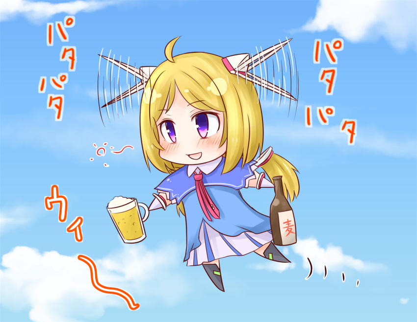 1girl ahoge aki_rosenthal bangs barley_tea blonde_hair blush bottle chibi clouds commentary_request cup detached_hair flapping flying highres holding holding_bottle holding_cup hololive motion_lines necktie open_mouth oyoneko sky smile solo thigh-highs violet_eyes virtual_youtuber