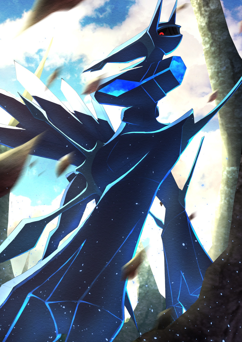 absurdres black_sclera blurry clouds colored_sclera commentary_request day dialga dialga_(origin) from_below highres looking_down no_humans outdoors pokemon pokemon_(creature) red_eyes ririri_(user_rkrv7838) sky solo spikes
