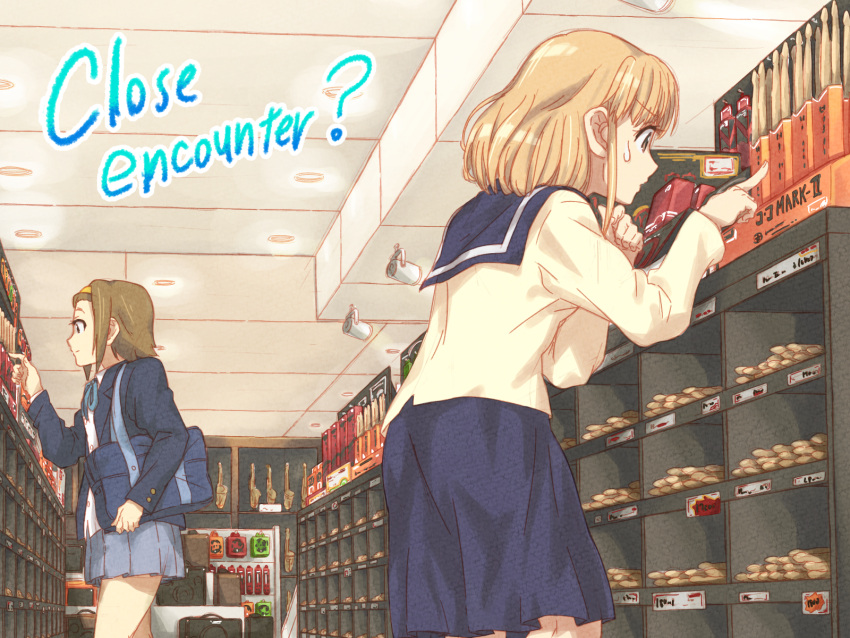 2girls bag blazer blue_jacket blue_ribbon blue_sailor_collar blue_skirt brown_hair commentary_request english_text hairband highres holding holding_bag indoors jacket k-on! k-on!_shuffle kamaage_tomorou long_sleeves miniskirt multiple_girls open_clothes open_jacket ribbon sailor_collar sakuma_yukari sakuragaoka_high_school_uniform school_bag school_uniform serafuku shirt short_hair skirt smile supermarket sweatdrop tainaka_ritsu white_shirt yellow_hairband