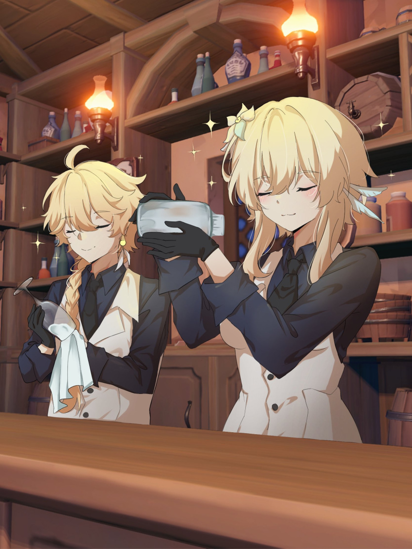 1boy 1girl 3d_background aether_(genshin_impact) ahoge bangs bar barrel bartender black_gloves black_necktie black_shirt blonde_hair braid brother_and_sister chii_(ciz_ta) closed_eyes closed_mouth commentary cup drinking_glass earrings flower genshin_impact gloves hair_flower hair_ornament highres jewelry lantern long_sleeves lumine_(genshin_impact) necktie shirt short_hair_with_long_locks siblings sidelocks single_earring smile sparkle symbol-only_commentary towel vest white_flower white_vest wine_glass wiping