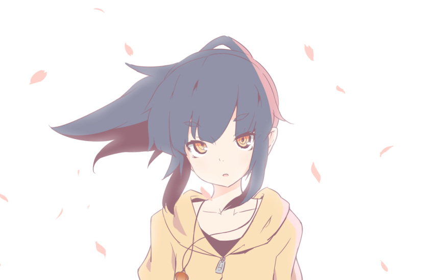1girl akari_(raigou) bangs black_hair black_shirt cherry_blossoms commentary_request eyebrows_visible_through_hair hood hoodie jewelry long_hair looking_at_viewer open_mouth original pendant petals ponytail raigou ringed_eyes shirt simple_background solo thick_eyebrows upper_body white_background wind yellow_eyes yellow_hoodie