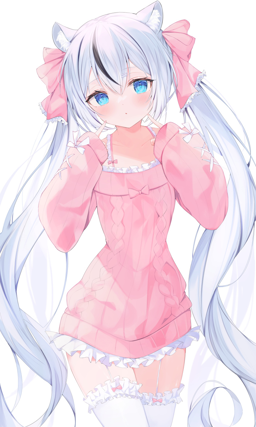 1girl absurdres animal_ears blue_eyes blush cat_ears commission copyright_request dress hand_on_own_face highres lace-trimmed_legwear lace_trim long_hair okomeillust pink_dress pink_ribbon ribbon skeb_commission solo sweater thigh-highs twintails very_long_hair white_background white_hair white_legwear