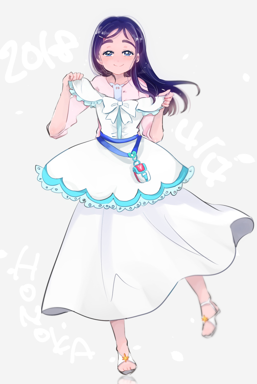 1girl 2018 blue_eyes blue_hair commentary_request cure_white dress eyelashes futari_wa_precure hair_ornament hairclip happy highres inaba_yuzuha long_hair looking_at_viewer precure simple_background sketch smile solo white_dress yukishiro_honoka
