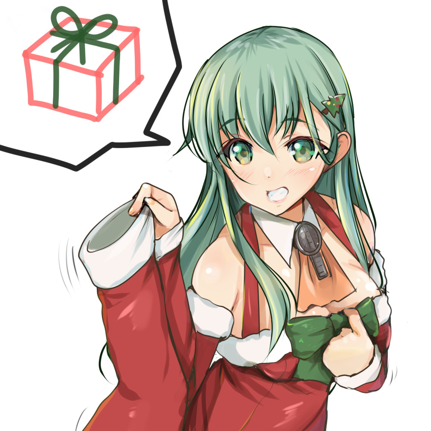 1girl aqua_hair ascot christmas_stocking cowboy_shot dress fur-trimmed_dress fur_trim green_eyes grin hair_ornament hairclip highres kantai_collection long_hair looking_at_viewer official_alternate_costume orange_ascot red_dress santa_dress simple_background smile solo speech_bubble suzuya_(kancolle) upper_body white_background yashin_(yasinz)