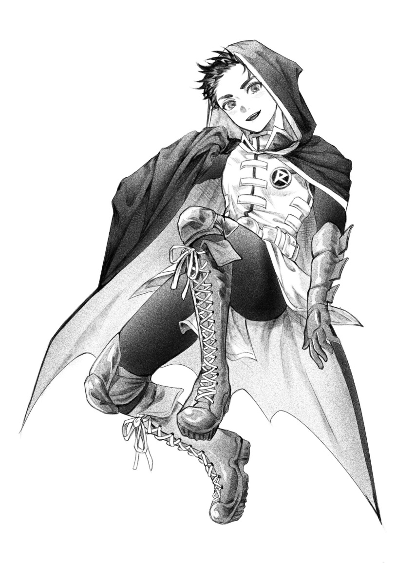 1boy artist_request batman_(series) boots cape commentary_request damian_wayne dc_comics full_body gauntlets greyscale highres hood hood_up hooded_cape jjoldi_(jjoldi5160) knee_boots knee_up korean_commentary light_blush male_focus monochrome open_mouth pants robin_(dc) short_hair simple_background solo spiky_hair superhero teen_titans teeth upper_teeth white_background