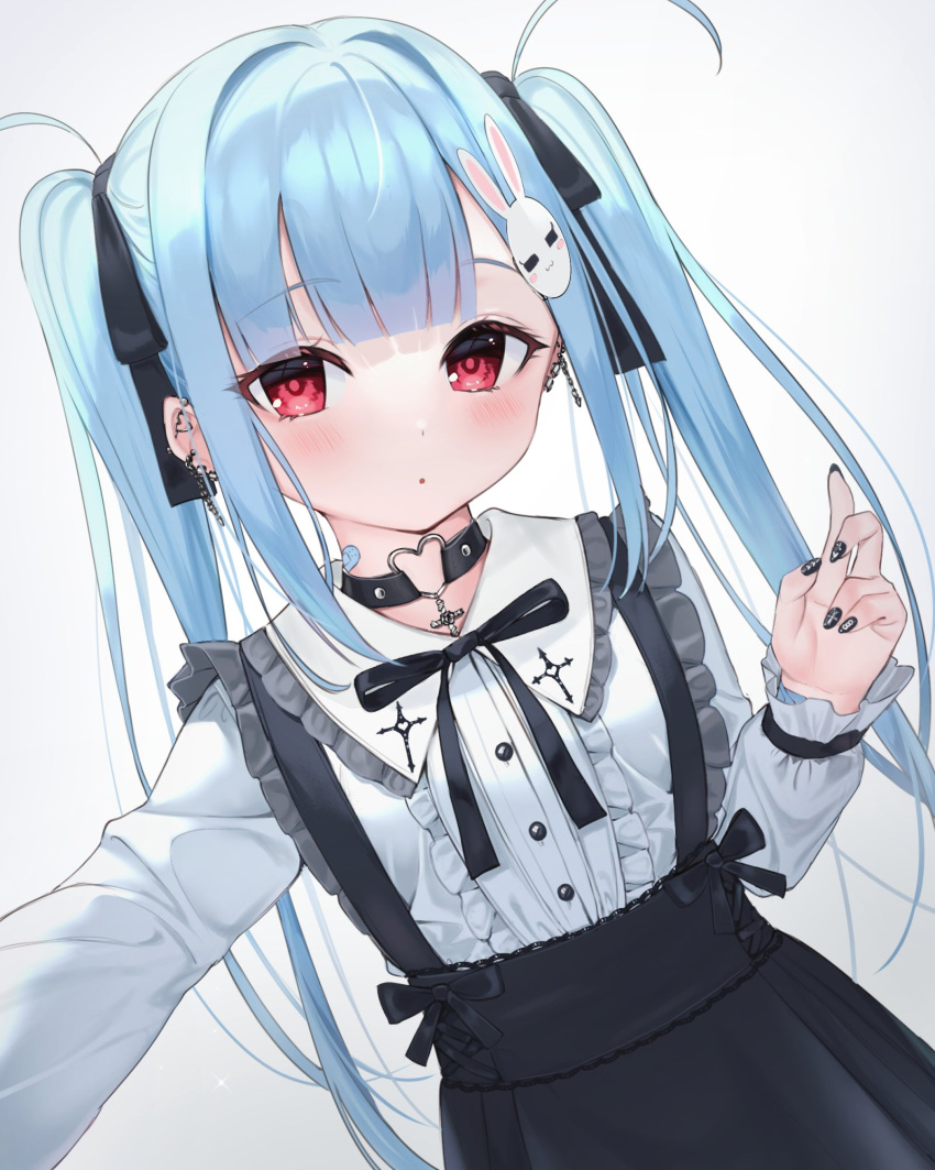 1girl :o bangs black_bow black_nails black_skirt blue_hair bow bunny_hair_ornament center_frills collared_shirt commentary_request ear_piercing earrings eyebrows_visible_through_hair frilled_shirt_collar frills grey_background hair_bow hair_ornament hand_up highres jewelry long_hair long_sleeves looking_at_viewer nail_art nail_polish original parted_lips piercing puffy_long_sleeves puffy_sleeves red_eyes shirt simple_background skirt sleeves_past_wrists solo suspender_skirt suspenders tsukiman twintails very_long_hair white_shirt