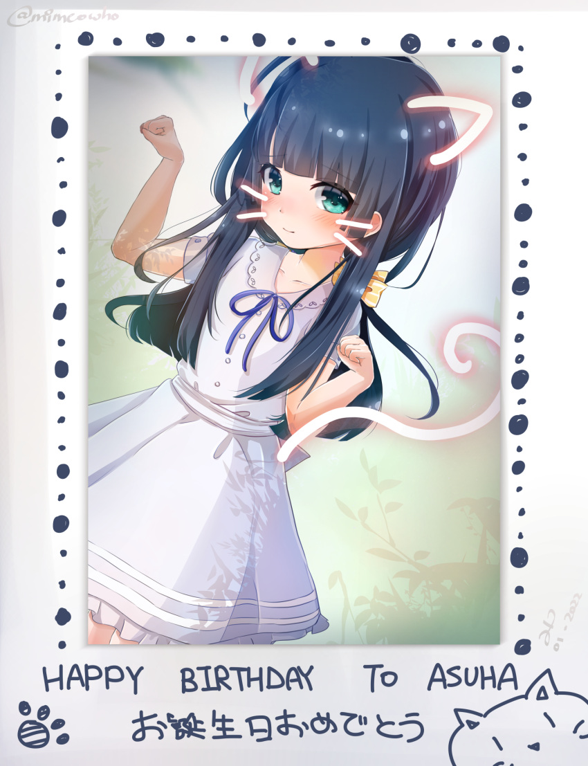 1girl animal_ears bangs battle_girl_high_school black_hair blue_ribbon blunt_bangs blush cat cat_ears character_request clenched_hands closed_mouth commentary_request cowboy_shot dress facial_mark frilled_dress frills green_eyes hands_up happy_birthday highres long_hair mimeowho neck_ribbon paw_pose paw_print ribbon short_sleeves smile solo tail twitter_username whisker_markings white_dress