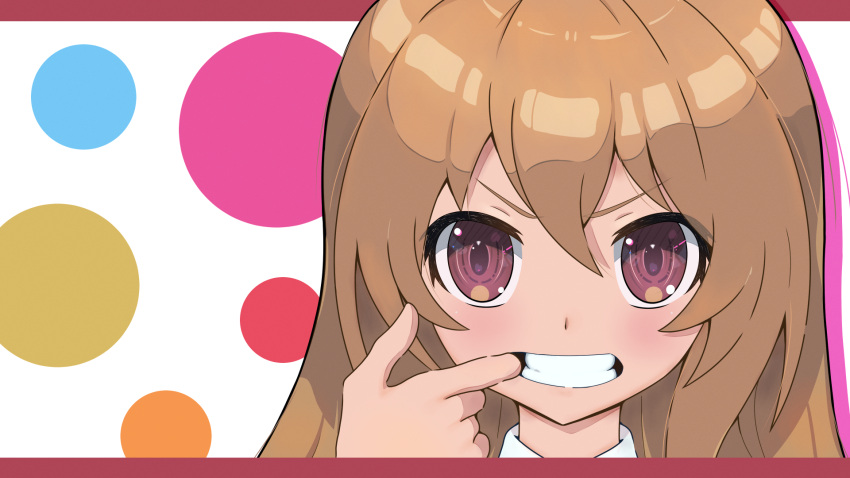 1girl aisaka_taiga bangs black_bitou brown_eyes brown_hair clenched_teeth commentary_request face hair_between_eyes highres light_blush long_hair mouth_pull multicolored_background solo teeth toradora! upper_body