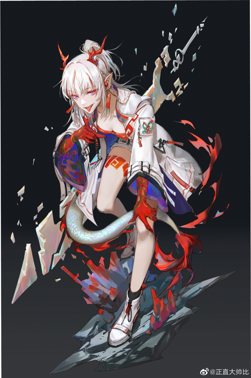1girl :p arknights black_background black_legwear boots breasts colored_skin dragon_girl dragon_horns dragon_tail ear_piercing earrings eyebrows_visible_through_hair flame-tipped_tail highres horns indoors jacket jewelry leg_tattoo long_sleeves looking_at_viewer multicolored_hair nian_(arknights) open_clothes open_jacket open_mouth piercing pointy_ears ponytail red_shirt red_skin redhead sally_chang shirt shorts simple_background small_breasts socks solo standing standing_on_one_leg strapless streaked_hair tail tassel tassel_earrings tattoo tongue tongue_out tube_top violet_eyes weibo_username white_background white_hair white_jacket white_shorts wide_sleeves