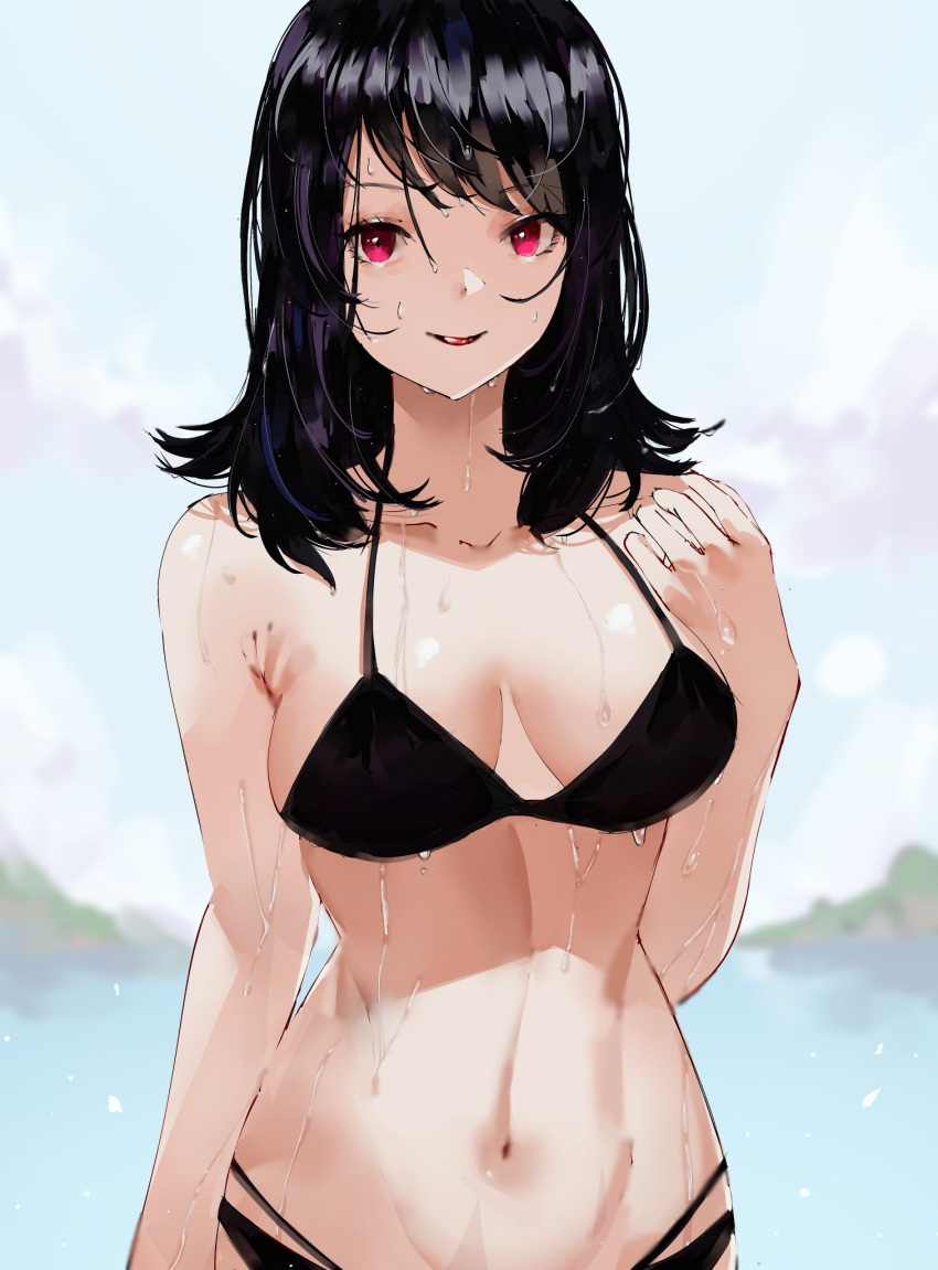 1girl amano_maya bikini black_hair breasts brown_hair highres looking_at_viewer navel persona persona_2 red_eyes short_hair sinkoart smile solo swimsuit wet