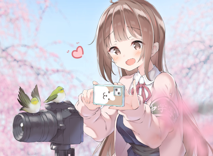 1girl bird blue_sky bow bowtie brown_eyes brown_hair camera collared_shirt flower highres japanese_white-eye long_hair open_mouth original pink_sweater plum plum_blossoms red_bow red_bowtie shirt sky sweater ukiwakisen uniform white_shirt