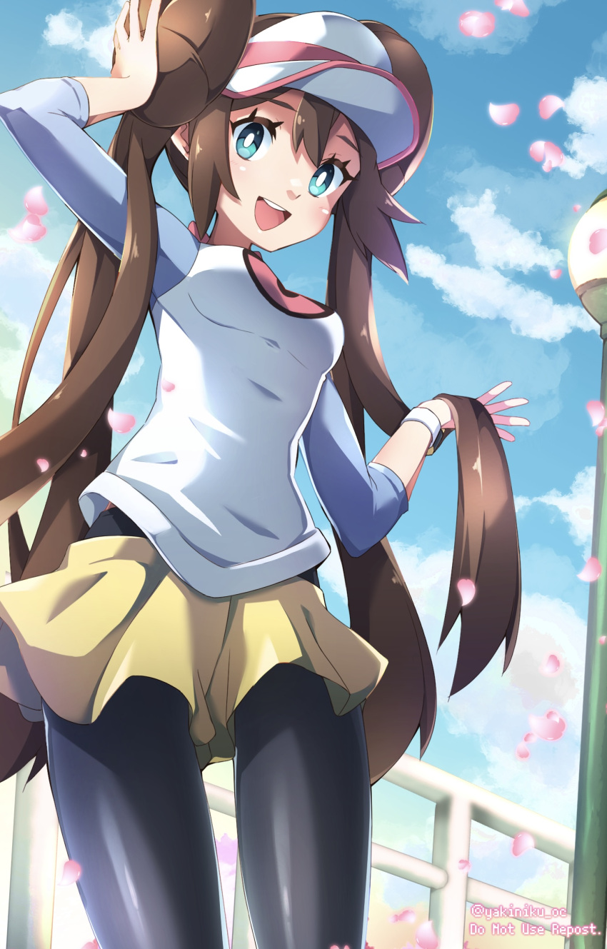 1girl :d bangs black_legwear blush bow breasts bright_pupils brown_hair clouds commentary_request day double_bun fence from_below green_eyes highres legwear_under_shorts long_hair looking_at_viewer miyama-san open_mouth outdoors pantyhose petals pink_bow pokemon pokemon_(game) pokemon_bw2 raglan_sleeves repost_notice rosa_(pokemon) shirt short_shorts shorts sky smile solo teeth tongue twintails twitter_username upper_teeth visor_cap white_pupils yellow_shorts