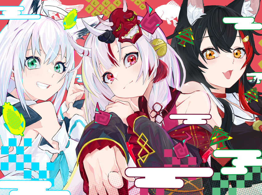 3girls absurdres ahoge animal_ears ao_no_kitsune bangs black_hair black_shirt commentary_request crop_top detached_sleeves eyebrows_visible_through_hair fox_ears fox_girl fox_shadow_puppet green_eyes grin hair_between_eyes hair_ornament hairclip highres hololive horns index_finger_raised japanese_clothes kimono long_hair looking_at_viewer mask mask_on_head multicolored_hair multiple_girls nakiri_ayame oni_horns oni_mask ookami_mio open_mouth pointing pointing_at_viewer red_eyes red_kimono redhead shirakami_fubuki shirt sidelocks smile streaked_hair virtual_youtuber white_hair white_hood wolf_ears wolf_girl yellow_eyes