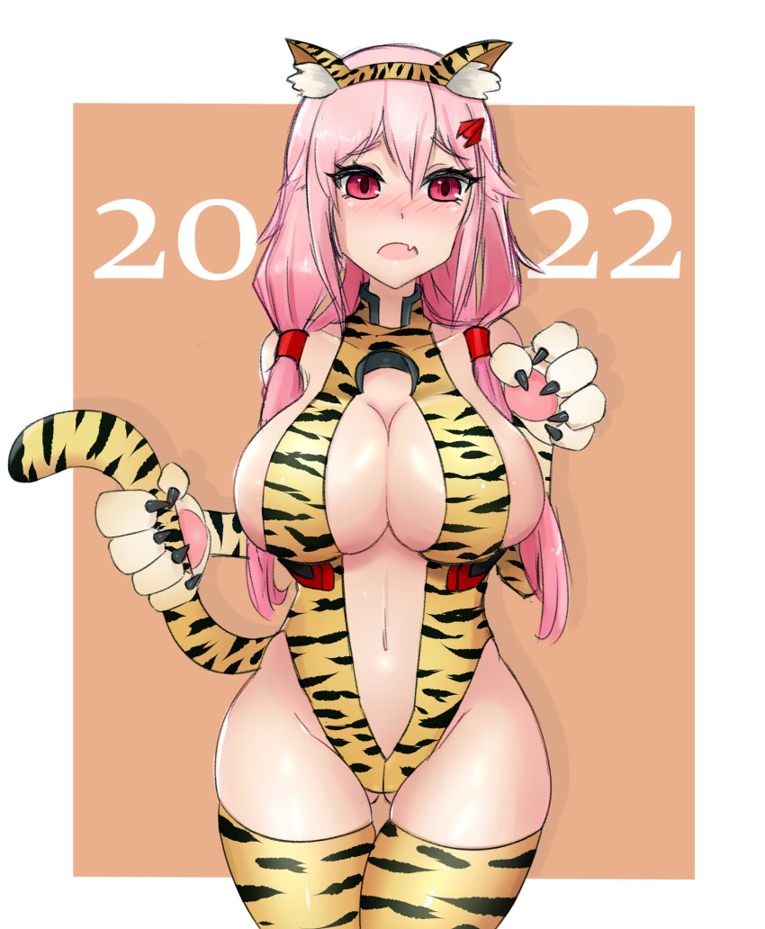 1girl 2022 absurdres animal_ears animal_hands animal_print ass_visible_through_thighs bare_shoulders blush breasts cat_ears cat_tail center_opening chinese_zodiac cowboy_shot elbow_gloves fake_animal_ears fang gloves guilty_crown hair_ornament hairclip highres large_breasts long_hair looking_at_viewer naer0 open_mouth paw_gloves pink_hair red_eyes skin_fang solo stomach tail tiger tiger_ears tiger_print tiger_tail twintails year_of_the_tiger yuzuriha_inori