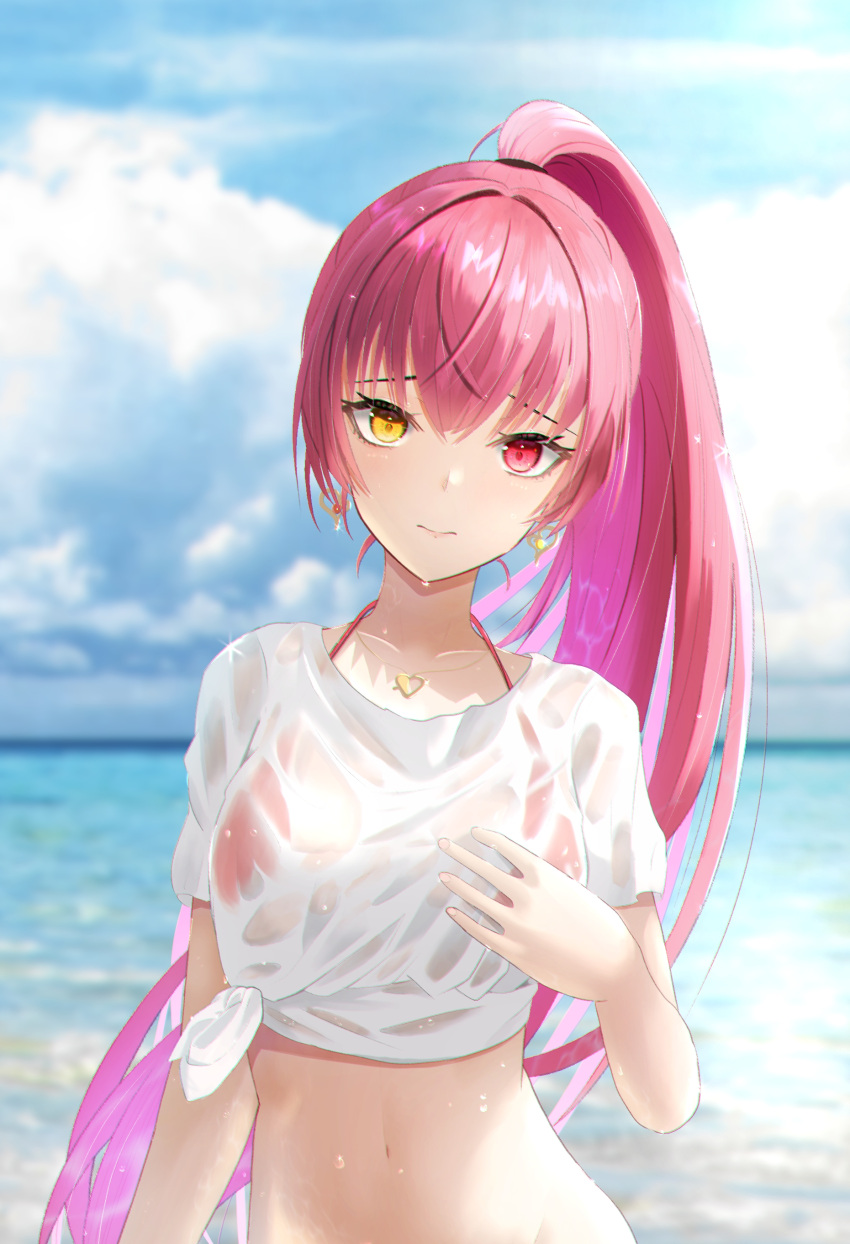 1girl absurdres bangs bikini bikini_under_clothes blurry blurry_background clouds collarbone day earrings floating_hair hair_between_eyes halterneck head_tilt heart_pendant heterochromia high_ponytail highres hololive houshou_marine jewelry long_hair looking_at_viewer midriff navel o29sukizero ocean outdoors pink_hair red_eyes shiny shiny_hair shirt short_sleeves solo stomach summer swimsuit tied_shirt upper_body very_long_hair virtual_youtuber wet wet_clothes wet_hair wet_shirt white_shirt yellow_eyes