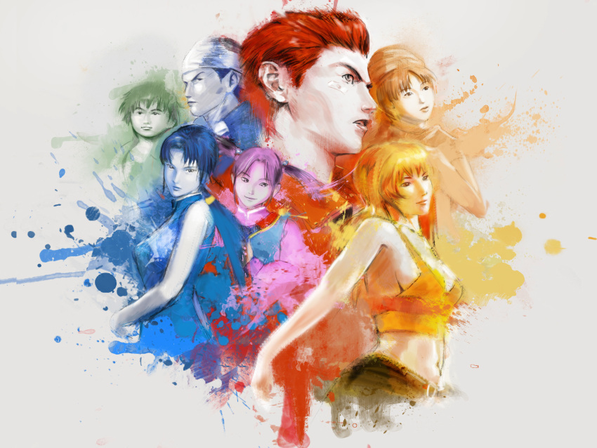 3boys 3girls absurdres arms_behind_back bandaid bandaid_on_face bandana bangs belt black_hair brown_hair chinese_clothes colorful denim hazuki_ryou highres hong_xiu_ying jeans jewelry joy_(shenmue) ling_shen_hua long_hair looking_at_viewer looking_away low-tied_long_hair multiple_boys multiple_girls ni_xian_weng orange_hair orange_shirt pants phoonaru ren_wu_ying sega shenmue shenmue_ii shirt spiky_hair splatter twintails white_bandana xun_fang_mei