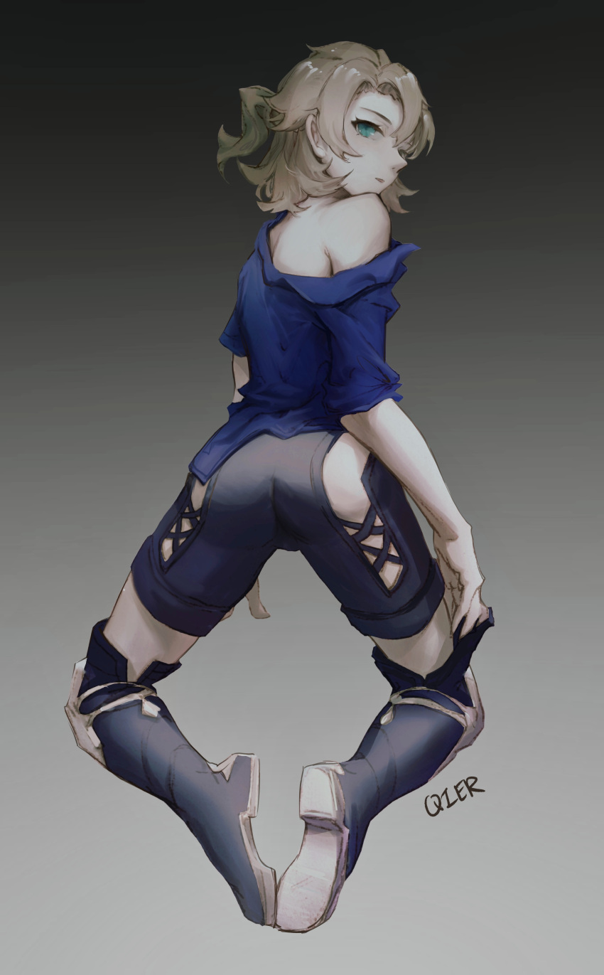 1boy absurdres albedo_(genshin_impact) androgynous ass_cutout bent_over blonde_hair blue_shirt boots clothing_cutout from_behind genshin_impact gradient gradient_background green_eyes grey_background grey_footwear grey_shorts hair_intakes highres kneeling looking_at_viewer looking_back male_focus off_shoulder otoko_no_ko parted_lips qier-mope shiny shiny_hair shirt short_hair shorts solo thigh-highs thigh_boots