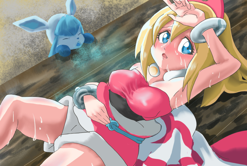 1girl absurdres armpits bangle bangs blonde_hair blue_eyes blush bracelet breasts crfield1224 dress glaceon hair_between_eyes hair_ornament hand_on_own_head highres hot irida_(pokemon) jewelry looking_at_viewer lying medium_breasts necklace on_back open_mouth pokemon pokemon_(creature) pokemon_(game) pokemon_legends:_arceus red_dress sash short_shorts shorts spread_legs strapless strapless_dress sweat thighs