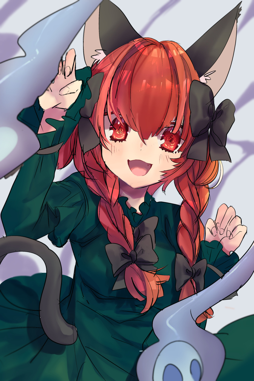1girl :d animal_ear_fluff animal_ears black_bow black_bowtie blush bow bowtie braid cat_ears cat_tail commentary dress fang fingernails frilled_sleeves frills green_dress hair_between_eyes hair_bow hands_up highres hitodama juliet_sleeves kaenbyou_rin long_hair long_sleeves looking_at_viewer nekomata open_mouth paw_pose puffy_sleeves red_eyes redhead smile solo tail touhou tsukikusa twin_braids upper_body