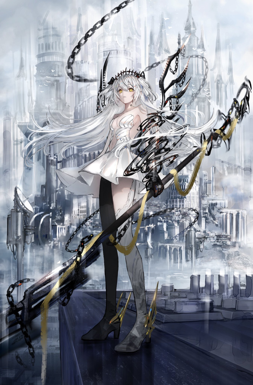 1girl asymmetrical_legwear bangs bare_shoulders black_legwear boots breasts center_opening clothing_cutout clouds commentary_request darkness day eyebrows_behind_hair fantasy floating_hair full_body hair_between_eyes highres holding holding_polearm holding_weapon legs long_hair looking_at_viewer medium_breasts mismatched_legwear nanaponi navel original parted_lips polearm scenery sideboob solo standing sunlight thigh-highs thigh_boots tiara weapon white_hair white_legwear yellow_eyes