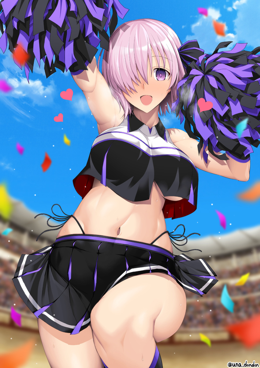 1girl bare_shoulders black_legwear black_skirt breasts brynhildr_(cheer_for_master)_(fate) brynhildr_(fate) brynhildr_(fate)_(cosplay) cheerleader clouds colosseum confetti cosplay craft_essence_(fate) crop_top eyebrows_visible_through_hair fate/grand_order fate_(series) heart highleg highleg_panties highres knee_up large_breasts mash_kyrielight midriff navel one_eye_covered open_mouth outdoors panties pleated_skirt pom_pom_(cheerleading) purple_hair purple_skirt short_hair side-tie_panties skirt sky sleeveless socks solo twitter_username two-tone_skirt unadon under_boob underwear violet_eyes