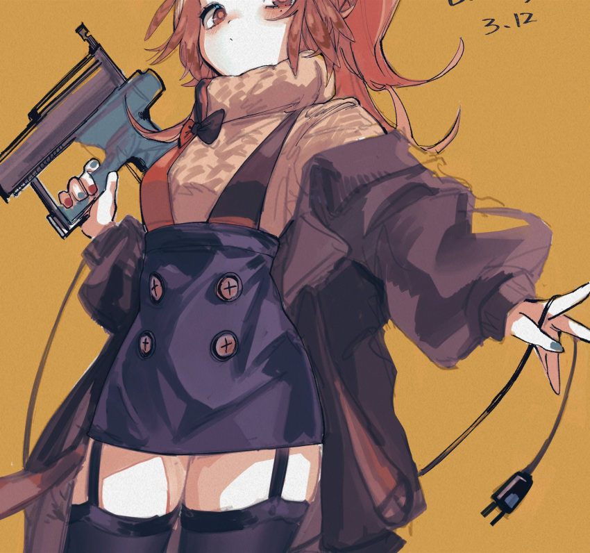 1girl aran_sweater arknights black_bow black_legwear blue_nails blue_skirt blush bow brown_background brown_sweater buttons cropped dated feather_hair garter_straps gun highres holding holding_gun holding_weapon long_hair mmm_ma_pmpm mole mole_under_eye multicolored_nails nail_gun one-hour_drawing_challenge orange_eyes orange_hair pinecone_(arknights) plug ponytail red_nails simple_background sketch skirt solo sweater thigh-highs weapon wire