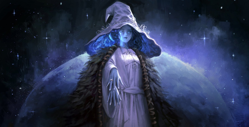 1girl blue_eyes blue_hair blue_skin colored_skin crack cracked_skin elden_ring extra_arms extra_faces fur_coat glowing_tattoo hat highres jewelry looking_at_viewer moon one_eye_closed phamoz ranni_the_witch ring solo spoilers witch witch_hat