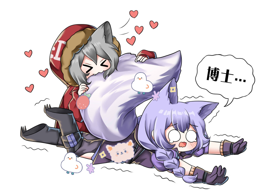 &gt;_&lt; 2girls :3 absurdres animal_ears arknights biting black_footwear blush boots braid chibi chinese_text claws crying extra_ears eyebrows_visible_through_hair fang fang_out gloves grey_hair happy heart highres hood hood_up hooded_jacket jacket large_tail long_hair lying minyuan471 multiple_girls on_stomach open_mouth projekt_red_(arknights) provence_(arknights) purple_gloves purple_hair purple_shirt red_jacket shirt simple_background speech_bubble tail tail_biting translated wavy_mouth white_background wolf_ears wolf_girl wolf_tail